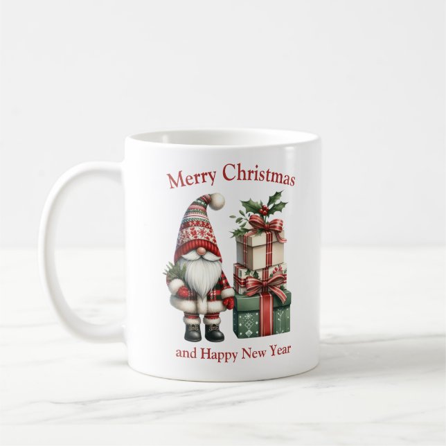 Cute  red and green Christmas gnome with presents Coffee Mug (Left)