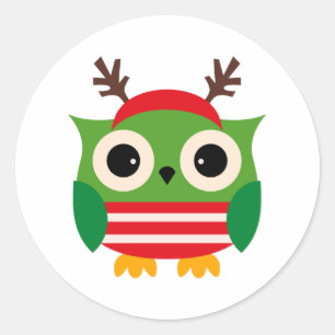 Cute Red and Green Christmas Owl  Classic Round Sticker