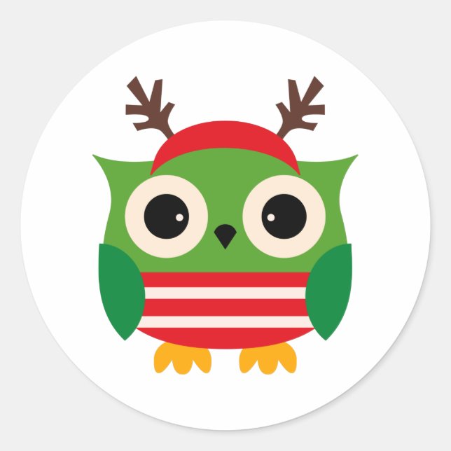 Cute Red and Green Christmas Owl  Classic Round Sticker (Front)