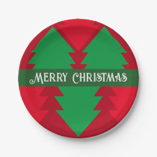 Cute Red and Green Christmas Tree Holiday Party Paper Plate