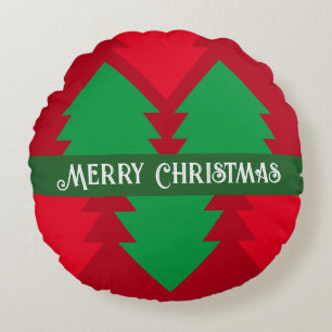Cute Red and Green Merry Christmas Tree Holiday Round Cushion