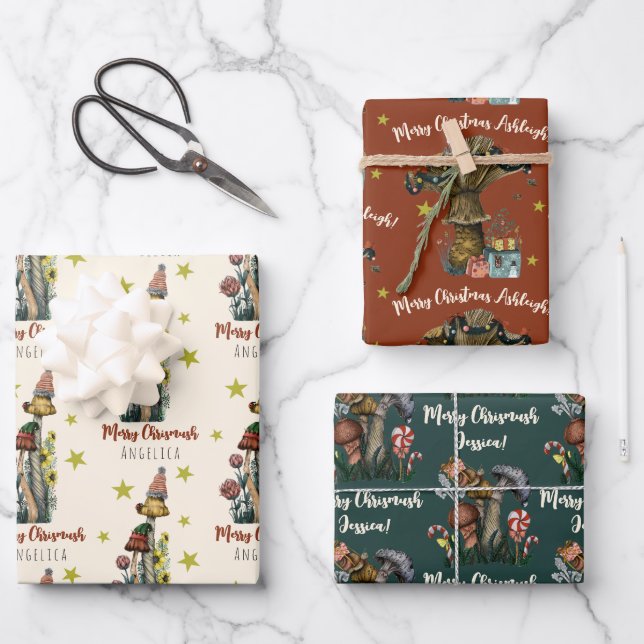Cute Red and Green Mushroom Christmas Custom Name  Wrapping Paper Sheet (Front)