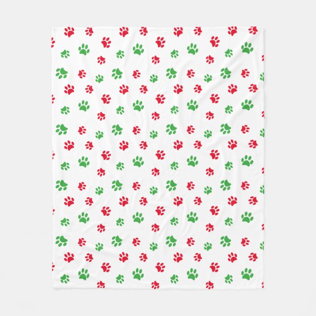 Cute Red and Green Paw Prints Pattern Holiday Fleece Blanket (Front)