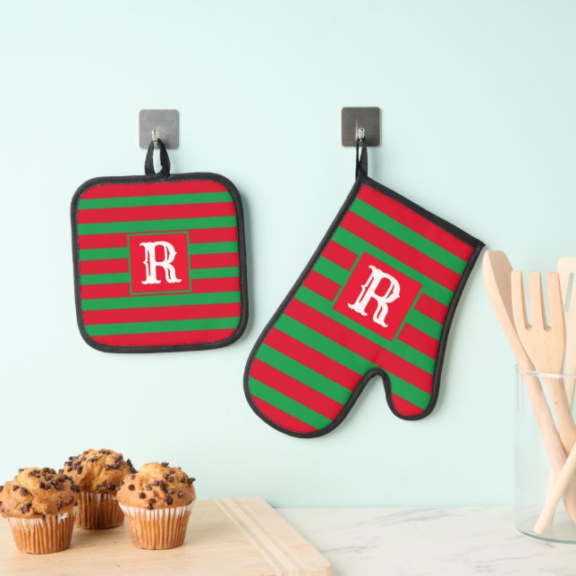 Cute Red and Green Striped Design Single Initial Oven Mitt & Pot Holder Set (Insitu(Hanging))