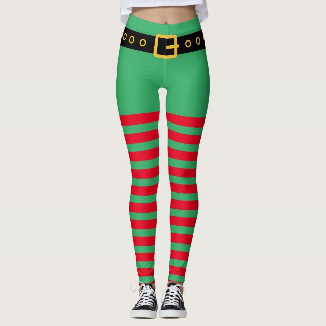 Cute red and green stripes Christmas elf costume Leggings (Front)
