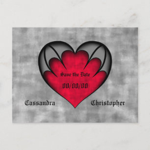 Cute red and grey gothic heart save the date postcard