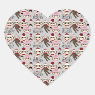 Cute Red and Pink Sock Monkeys Collage Pattern Heart Sticker
