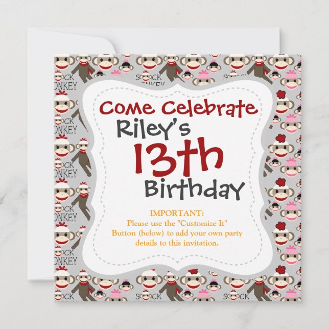 Cute Red and Pink Sock Monkeys Collage Pattern Invitation (Front)