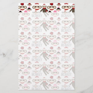 Cute Red and Pink Sock Monkeys Collage Pattern Stationery