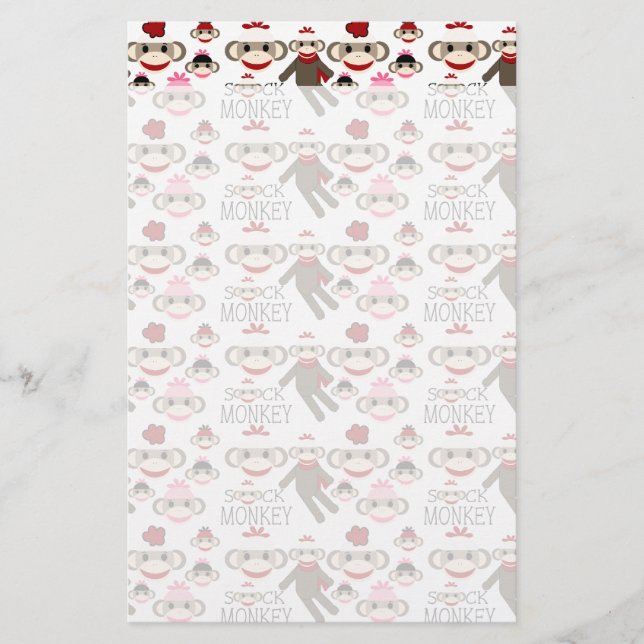 Cute Red and Pink Sock Monkeys Collage Pattern Stationery (Front)