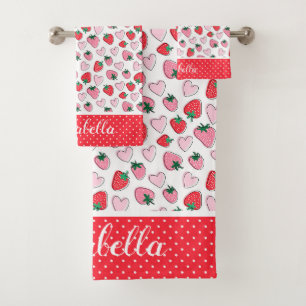 Cute Red and Pink Strawberry Pattern Personised Bath Towel Set