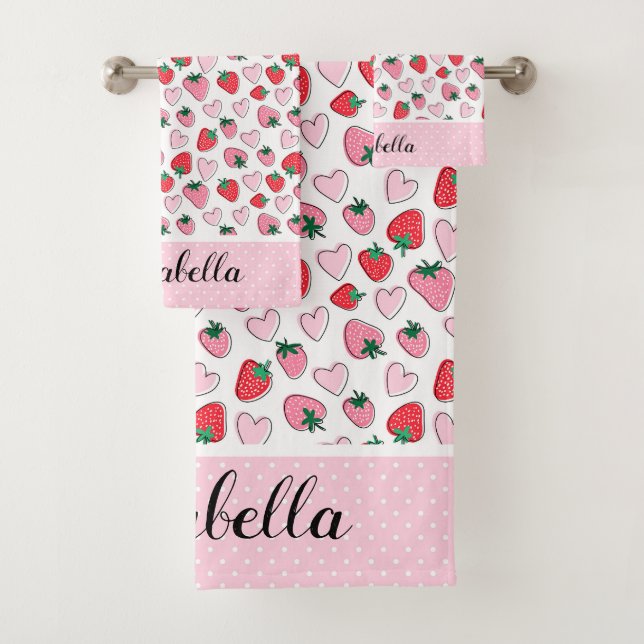 Cute Red and Pink Strawberry Pattern Personised Bath Towel Set (Insitu)