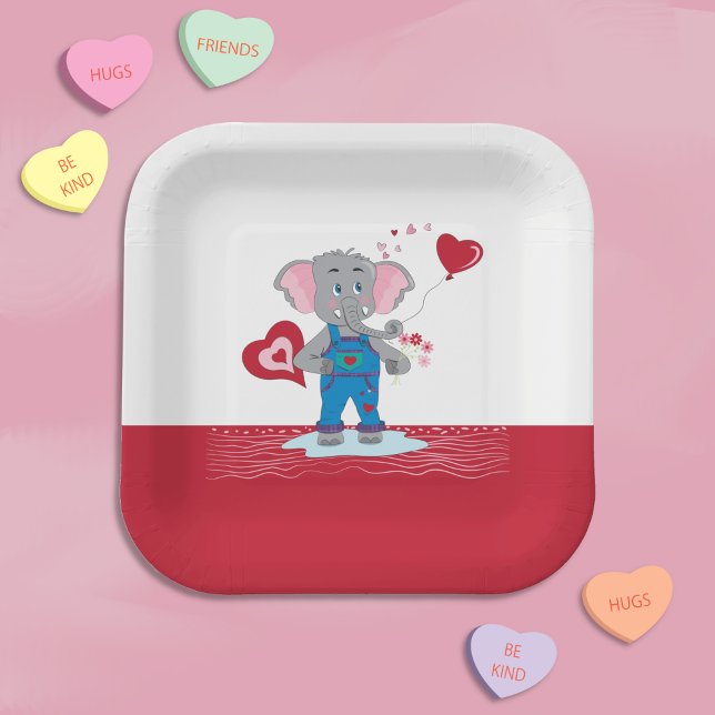 Cute Red and White Cartoon Elephant Paper Plates (Sweet red and white paper plates featuring a charming cartoon elephant . )
