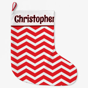 Cute red and White Chevron Custom Message Large Christmas Stocking