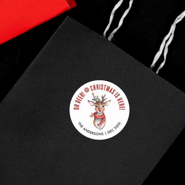 Cute Red And White Christmas Rudolph Reindeer Classic Round Sticker (Creator Uploaded)