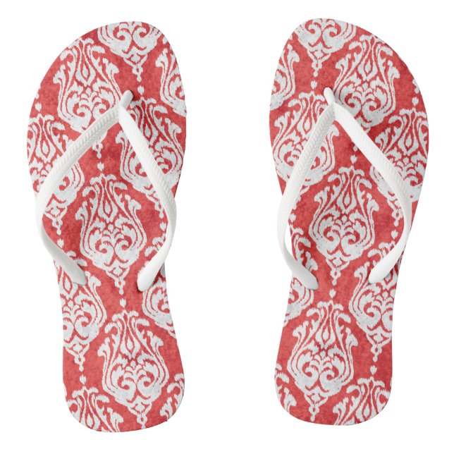 Cute red and white damask ikat tribal patterns flip flops (Footbed)
