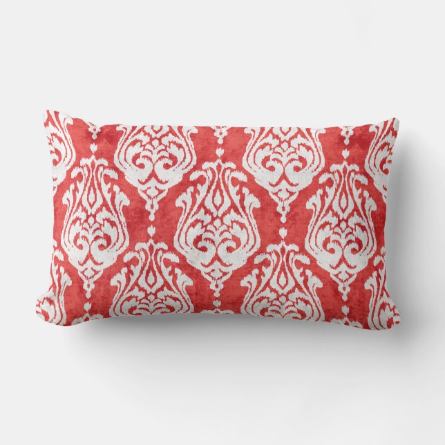 Cute red and white damask ikat tribal patterns lumbar cushion (Front)