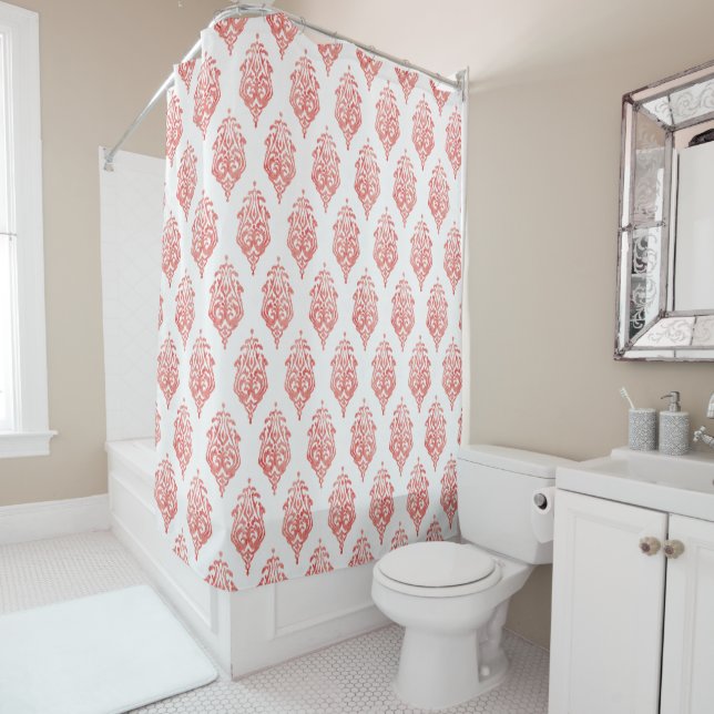 Cute red and white damask ikat tribal patterns shower curtain (In Situ)