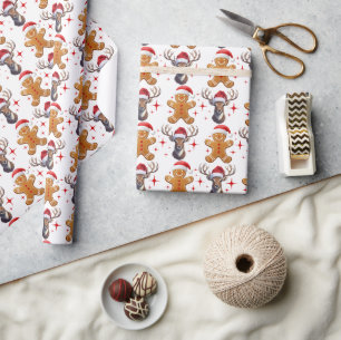 Cute Red and White Gingerbread Man Reindeer Wrapping Paper