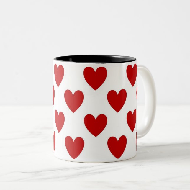 Cute Red and White Hearts Pattern Two-Tone Coffee Mug (Front Right)