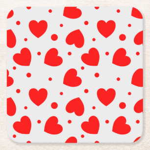 Cute red and white modern trendy heart and dot square paper coaster