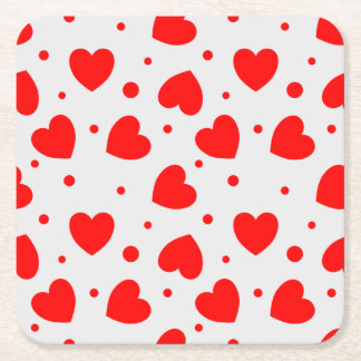 Cute red and white modern trendy heart and dot square paper coaster