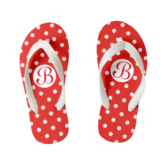 Cute Red and White Polka Dots Monogram Kid's Flip Flops (Footbed)
