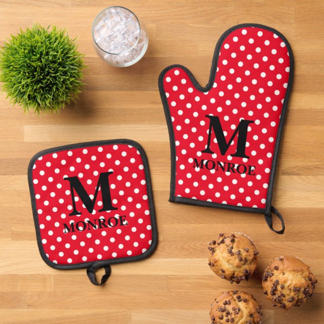 Cute red and white polka dots pattern monogrammed oven mitt & pot holder set (Top Down)