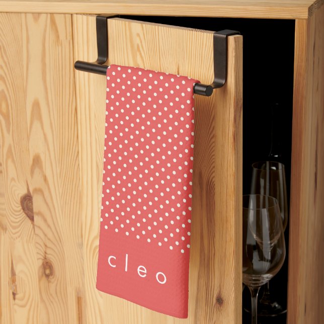 Cute Red and White Polka Dots Personalised  Tea Towel (Thirds Fold)
