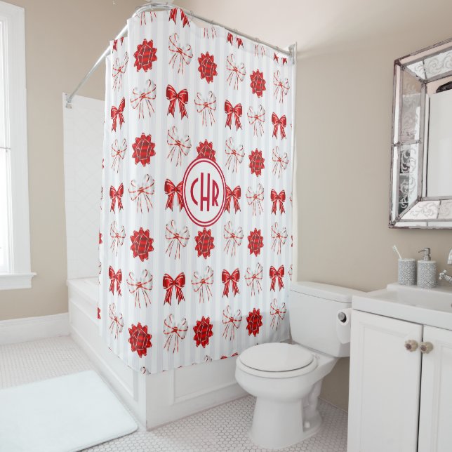 Cute Red and White Ribbon | White Background Shower Curtain (In Situ)