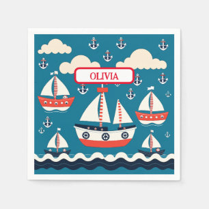 Cute Red and White Sailboat with Anchors Napkin