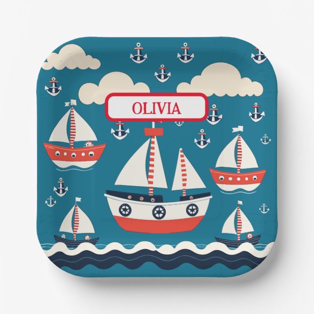 Cute Red and White Sailboat with Anchors Paper Plate (Front)