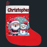 Cute Red And White Santa And Snowman Large Christmas Stocking<br><div class="desc">Cute red and white Christmas stocking. In a white band at the top of the stocking is a template in black text on the front to add a name and a template on the back to add your Christmas message. On the front is a cute whimsical Christmas illustration featuring a...</div>