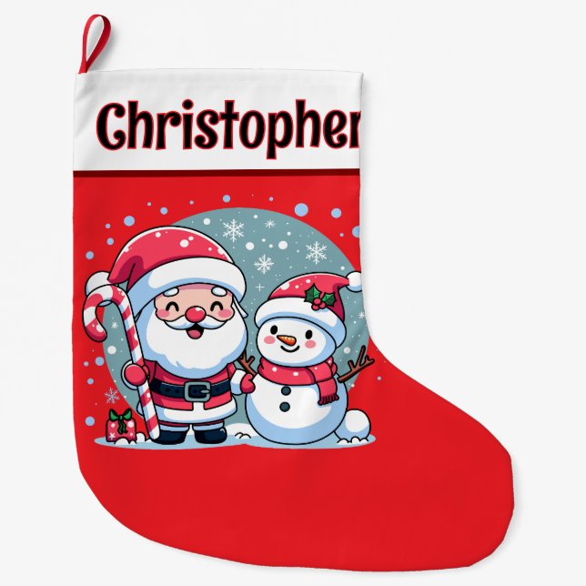 Cute Red And White Santa And Snowman Large Christmas Stocking (Front)