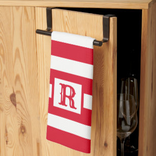 Cute Red and White Striped Design Single Initial Tea Towel