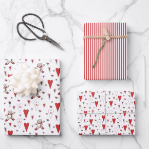 Cute Red and White Teddy Bear & Heart Valentines Wrapping Paper Sheet