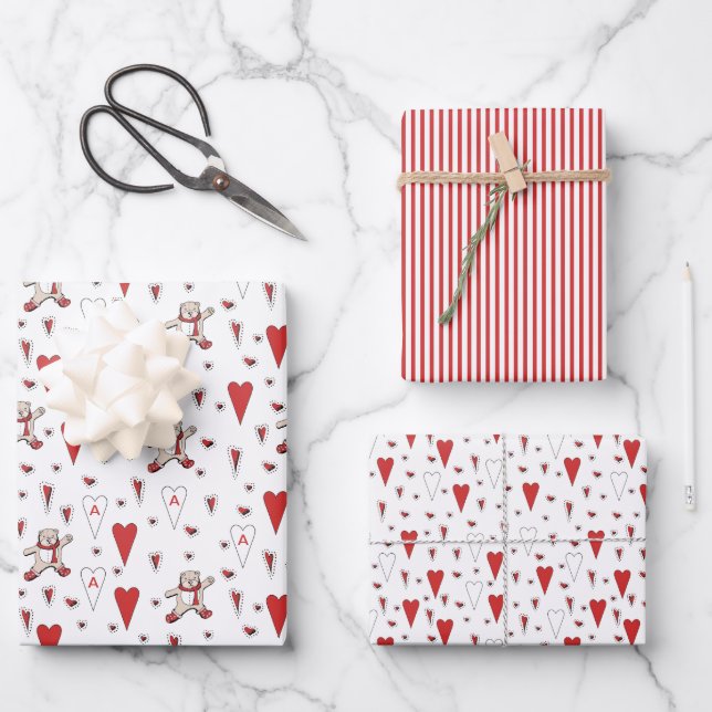 Cute Red and White Teddy Bear & Heart Valentines Wrapping Paper Sheet (Front)