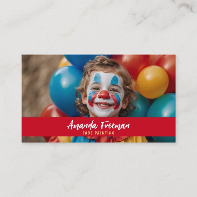 Cute Red and Yellow Clown Face Painting Business Card (Front)