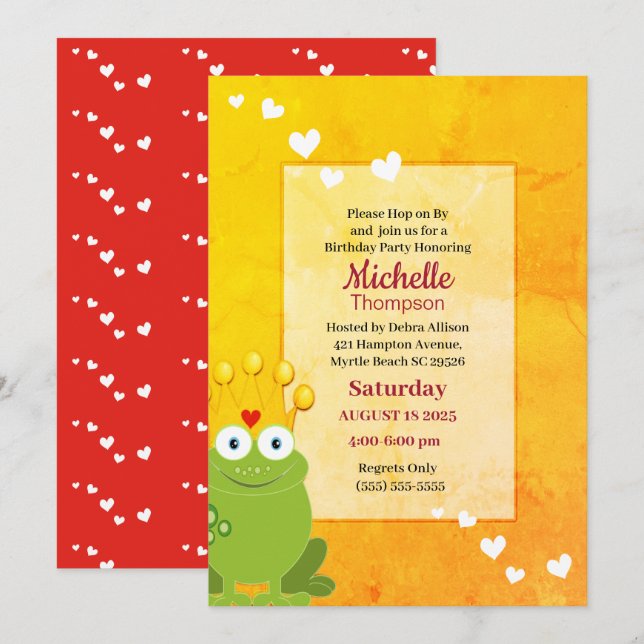 Cute Red and Yellow Princess Frog  Birthday   Invitation (Front/Back)