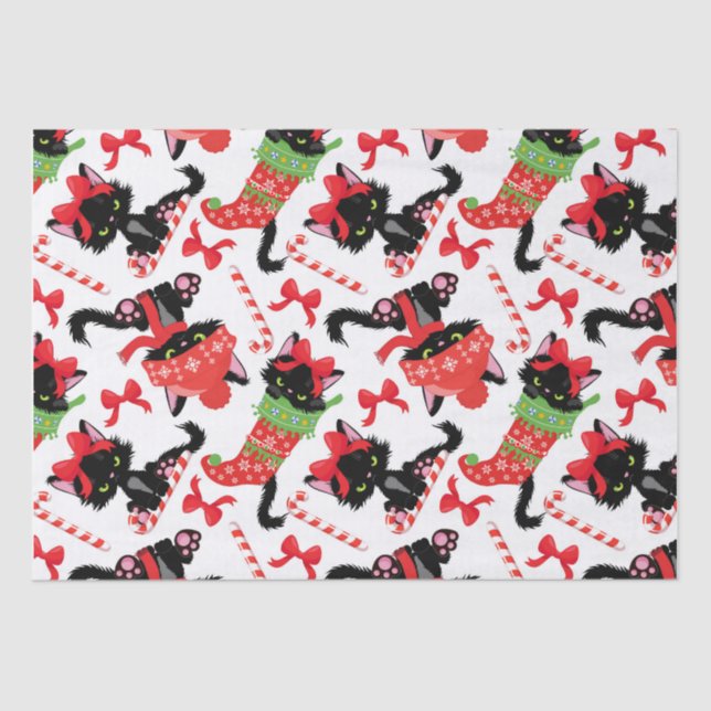 Cute Red Angry Cat Candy Cane Christmas Tissue Paper (Front)