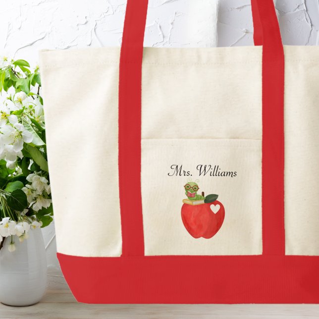 cute red apple & book worm, Teacher Appreciation Tote Bag (Creator Uploaded)