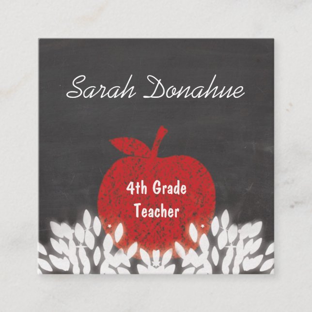 Cute Red Apple Chalkboard School Teacher Square Business Card (Front)
