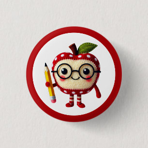 Cute Red Apple Character with Pencil Teacher 3 Cm Round Badge