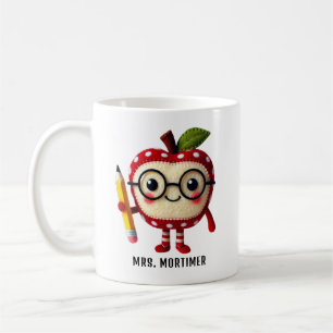 Cute Red Apple Character with Pencil Teacher Name Coffee Mug