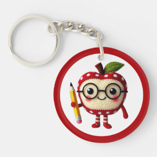 Cute Red Apple Character with Pencil Teacher Name Key Ring