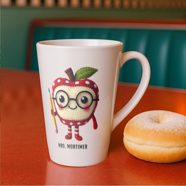 Cute Red Apple Character with Pencil Teacher Name Latte Mug (Cute Apple character wearing glasses and holding a pencil for teachers appreciation custom name)