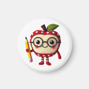 Cute Red Apple Character with Pencil Teacher Name Magnet