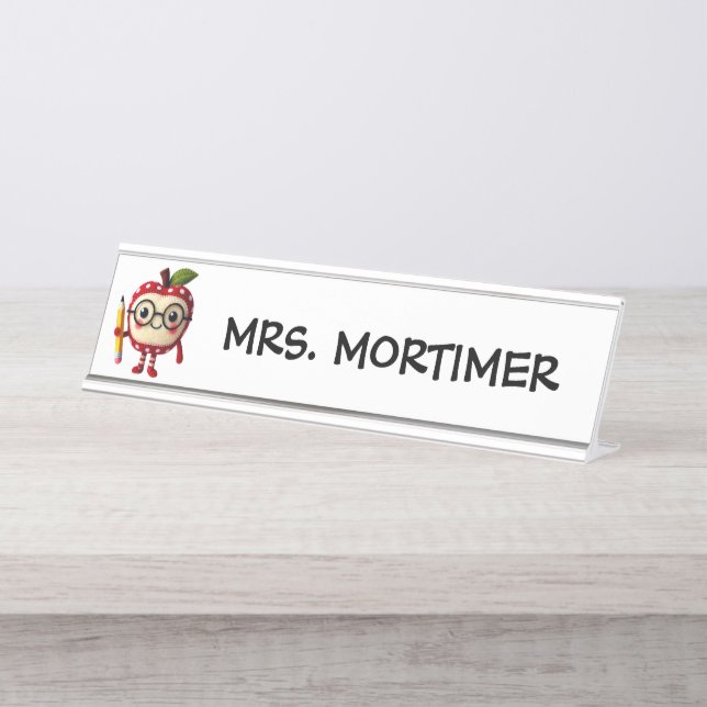 Cute Red Apple Holding Yellow Pencil Teacher Desk Name Plate (Front)