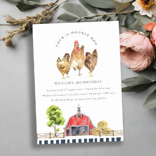 Cute Red Barn Chicken Farm Kids Birthday Invite