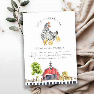 Cute Red Barn Chicken Farm Kids Birthday Invite